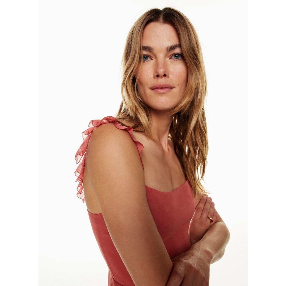 Aritzia Wilfred Fete Dress Size 12 Rosy Red Ruffle Sleeve Mini - Picture 3 of 16